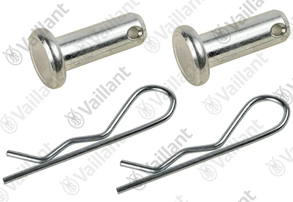 Zwei metallene Bolzen mit Rundkopf und zwei passende Sicherheitsstifte, die zur Befestigung von Vaillant-Produkten verwendet werden.